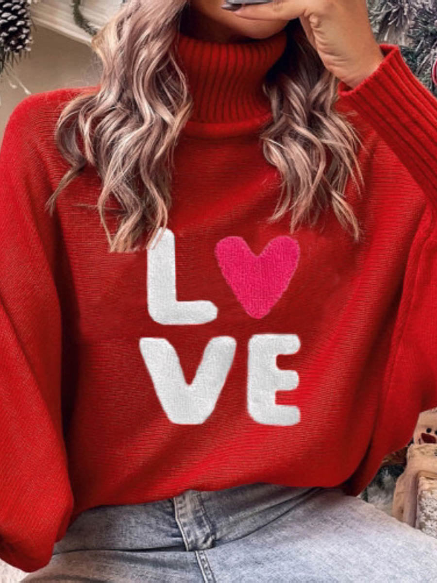 Contrast Color Printed Split-Joint Long Sleeves Loose High Neck Sweater Tops