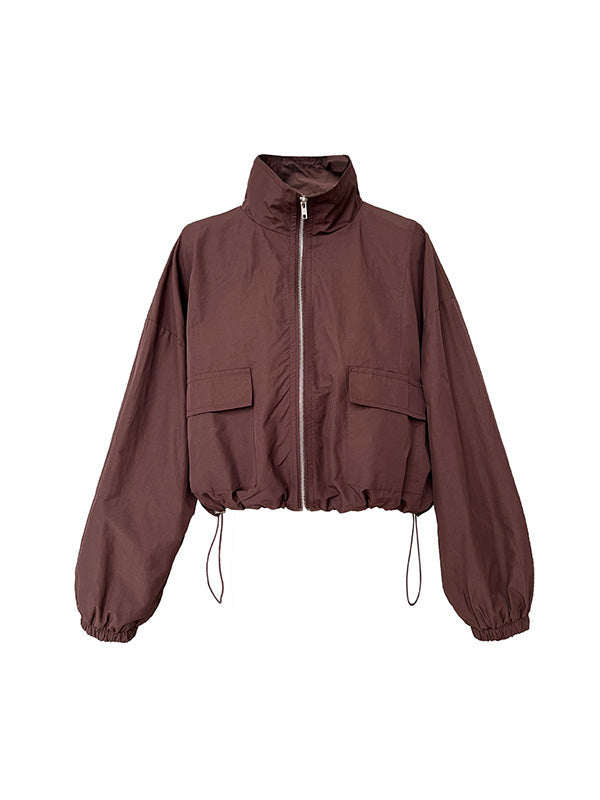 Solid Color Zipper Long Sleeves Loose Drawstring Elasticity Pockets Stand Collar Jacket Top + Split-Back Skirts Bottom Two Pieces Set