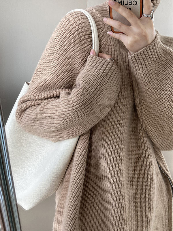 Urban Loose Long Sleeves Split-Side Solid Color Zipper Halter-Neck Sweater Tops