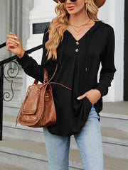 Buttoned Drawstring Hooded Solid Color Long Sleeves Loose V-Neck T-Shirts Tops