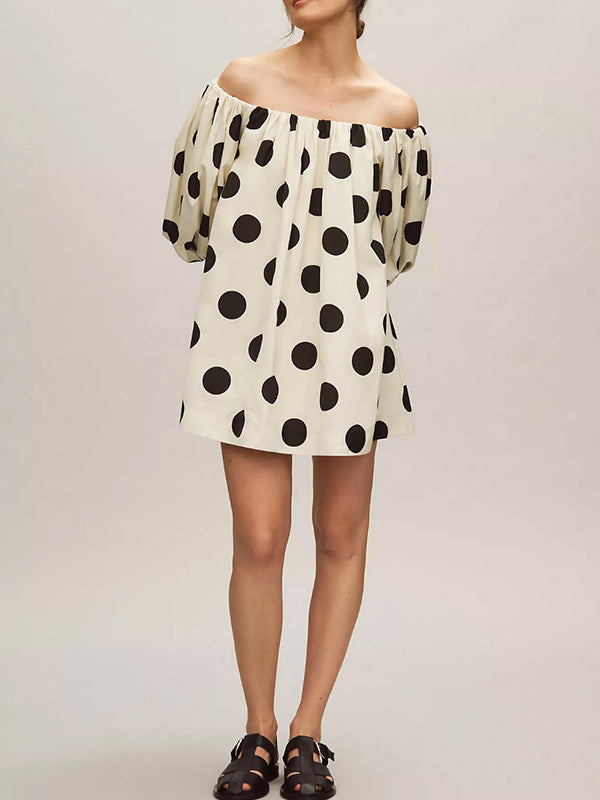 Polka-Dot Half Sleeves Loose Off-The-Shoulder Mini Dresses