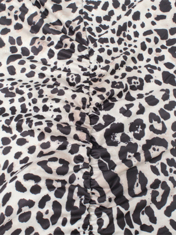 Leopard Pleated Printed Split-Front Bodycon Long Sleeves High Neck Maxi Dresses