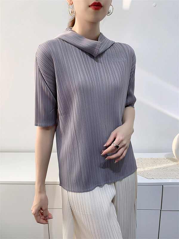 Pleated Solid Color Half Sleeves Hooded Mock Neck T-Shirts Tops