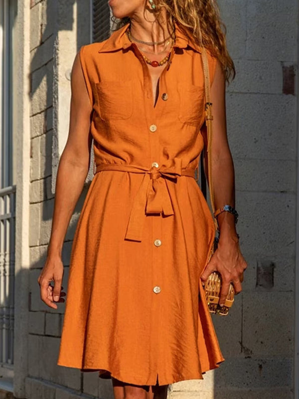 Buttoned Pockets Tied Waist Loose Plus Size Lapel Mini Dresses