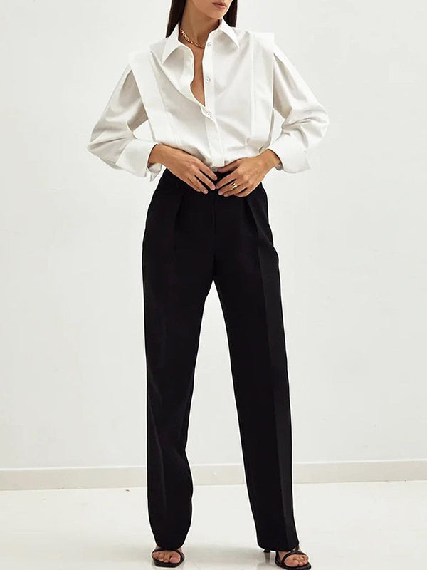 Buttoned Solid Color Long Sleeves Loose Lapel Blouses&Shirts Tops