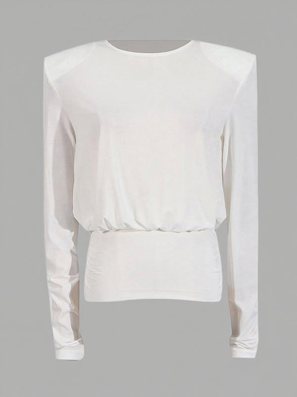 Backless Shoulder Pad Solid Color Long Sleeves Round-Neck Blouses&Shirts Tops