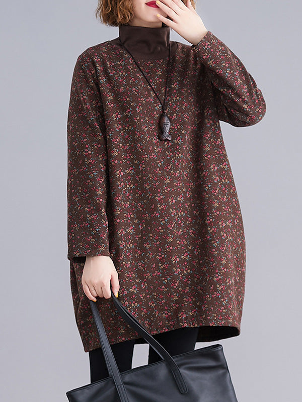 Vintage Loose Long Sleeves Floral Printed High-Neck Mini Dresses
