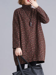 Vintage Loose Long Sleeves Floral Printed High-Neck Mini Dresses