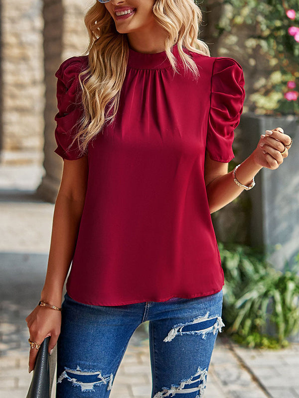 Pleated Solid Color Half Sleeves Loose Mock Neck T-Shirts Tops