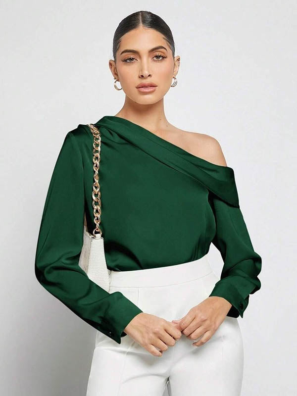 Pleated Solid Color Split-Joint Long Sleeves Skinny One-Shoulder Blouses&Shirts Tops