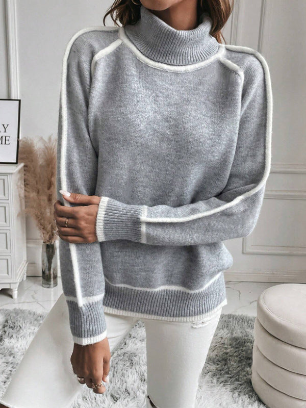 Contrast Color Split-Joint Long Sleeves Loose High Neck Sweater Tops