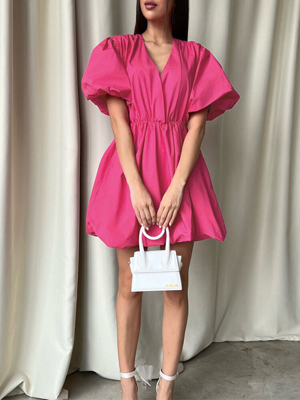 Pleated Solid Color Split-Joint Loose Puff Sleeves V-Neck Mini Dresses