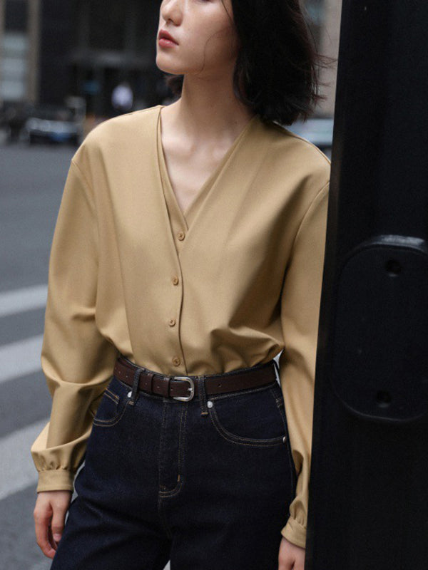 Buttoned Solid Color False Two Long Sleeves V-Neck Blouses&Shirts Tops