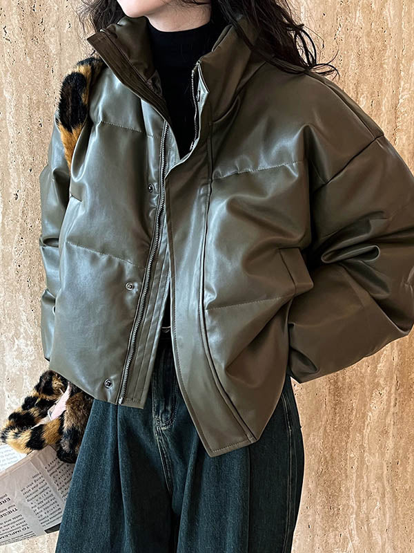 Split-Joint Zipper Loose Puff Sleeves Stand Collar Down Coat
