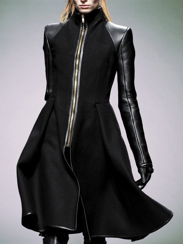 Split-Front Split-Joint Zipper A-Line Long Sleeves Stand Collar Outerwear