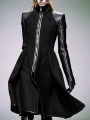Split-Front Split-Joint Zipper A-Line Long Sleeves Stand Collar Outerwear