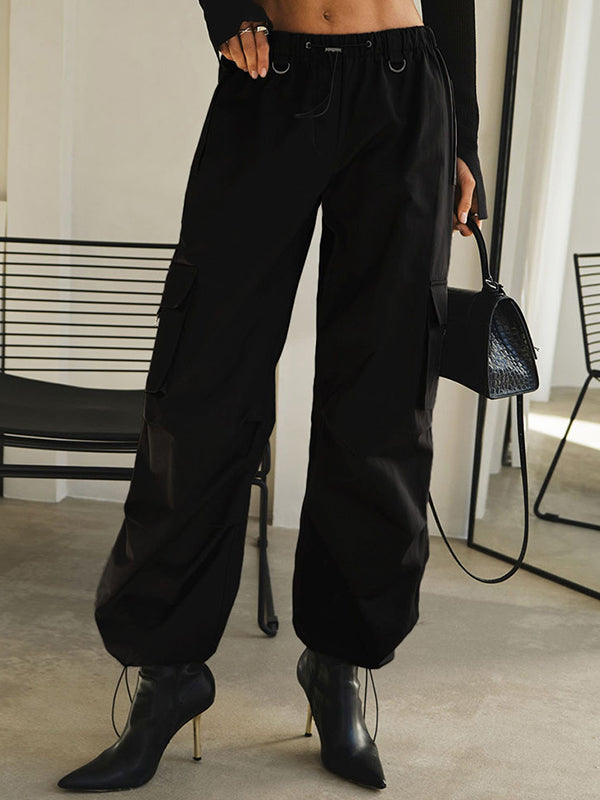 Drawstring Elasticity Pockets Split-Joint High Waisted Loose Trousers Pants