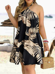 Contrast Color Leaf Printed Loose Sleeveless Halter-Neck Mini Dresses