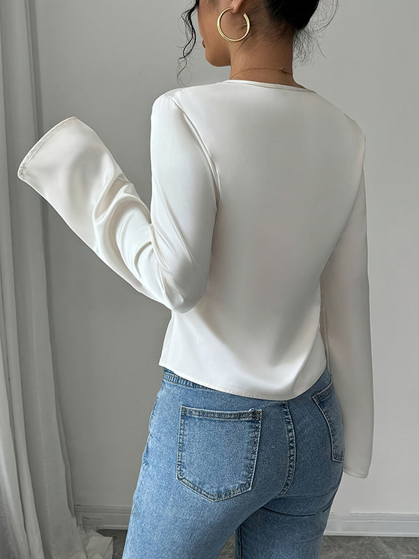 Pleated Solid Color Split-Joint Long Sleeves Loose V-neck Blouses&shirts Tops