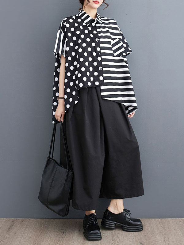 Buttoned Contrast Color Pockets Polka-Dot Split-Back Split-Joint Striped Loose Short Sleeves Lapel Blouses&Shirts Tops