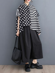 Buttoned Contrast Color Pockets Polka-Dot Split-Back Split-Joint Striped Loose Short Sleeves Lapel Blouses&Shirts Tops