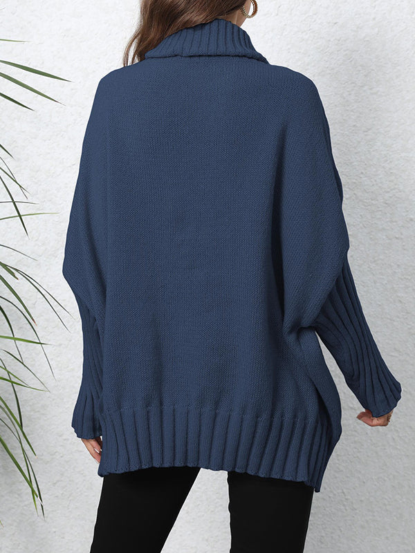 Pleated Solid Color Split-Joint Long Sleeves Loose High Neck Sweater Tops