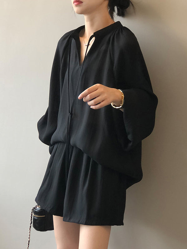 Split-Joint Solid Color  Sun Protection Tied V-neck Long Sleeves Top + Shorts Two Pieces Set