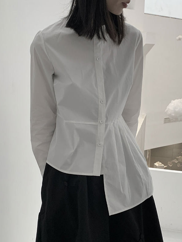 Asymmetric Buttoned Pleated Solid Color Long Sleeves Round-Neck Blouses&Shirts Tops