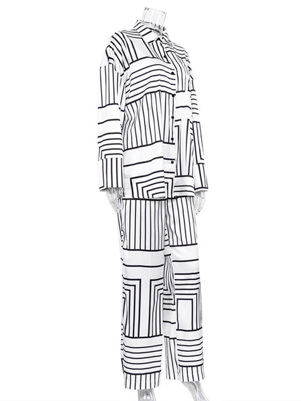 Casual Loose Printed Lapel Collar Blouses Tops & Wide Leg Pants Two Pieces Set