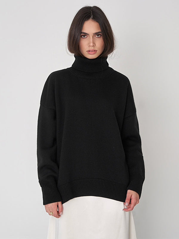 Casual Long Sleeves Loose Solid Color High-Neck Sweater Tops