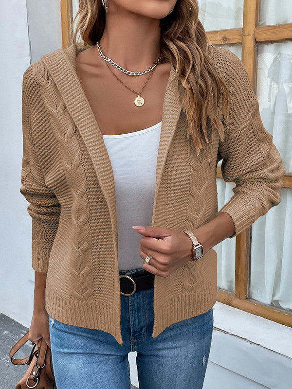 Solid Color Split-Joint Long Sleeves Loose Hooded Cardigan Tops