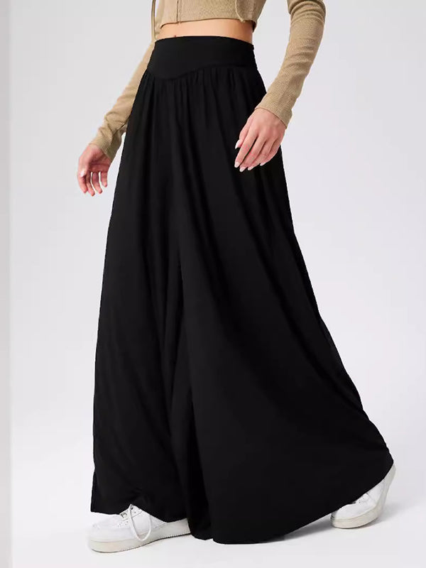 Pleated Pockets Solid Color Split-Joint High Waisted Loose Trousers Pants