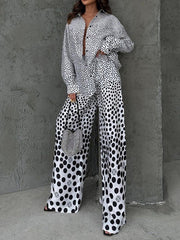 Polka-Dot Long Sleeves Loose Buttoned Contrast Color Pockets Lapel Blouses Tops + Pants Bottom Two Pieces Set