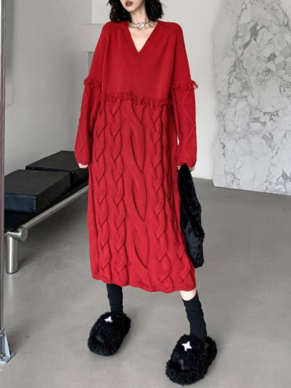 Solid Color Split-Joint Tasseled Long Sleeves Loose V-neck Sweater Dresses Midi Dresses