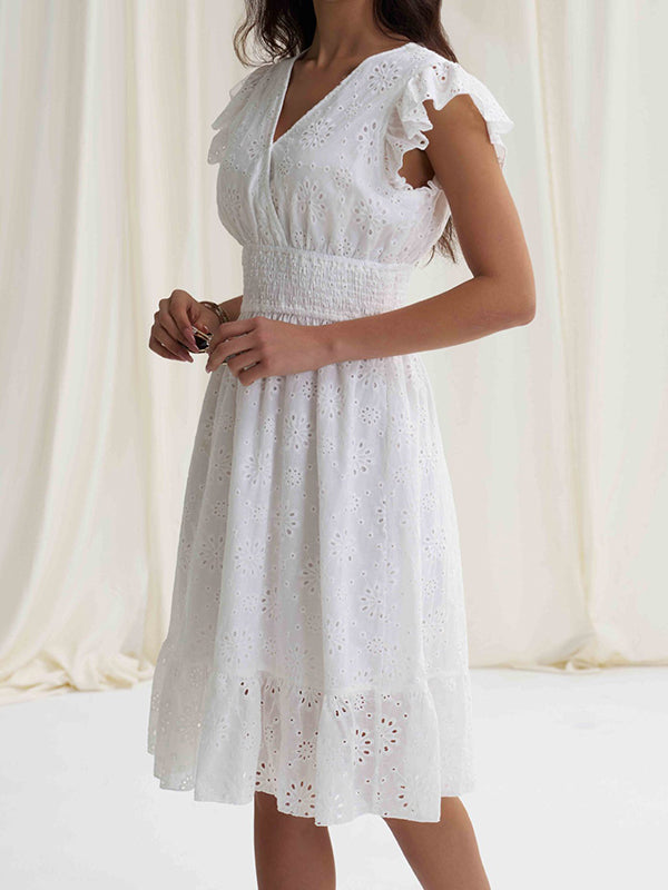 Elasticity Hollow Pleated Solid Color A-Line Loose V-Neck Mini Dresses