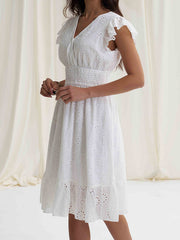 Elasticity Hollow Pleated Solid Color A-Line Loose V-Neck Mini Dresses