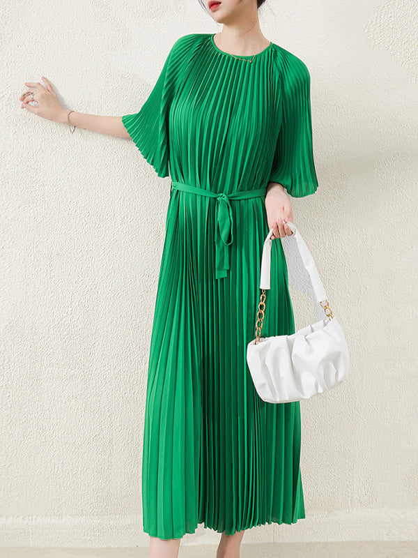 Loose Pleated With Waistband Solid Color Round-Neck Maxi Dresses