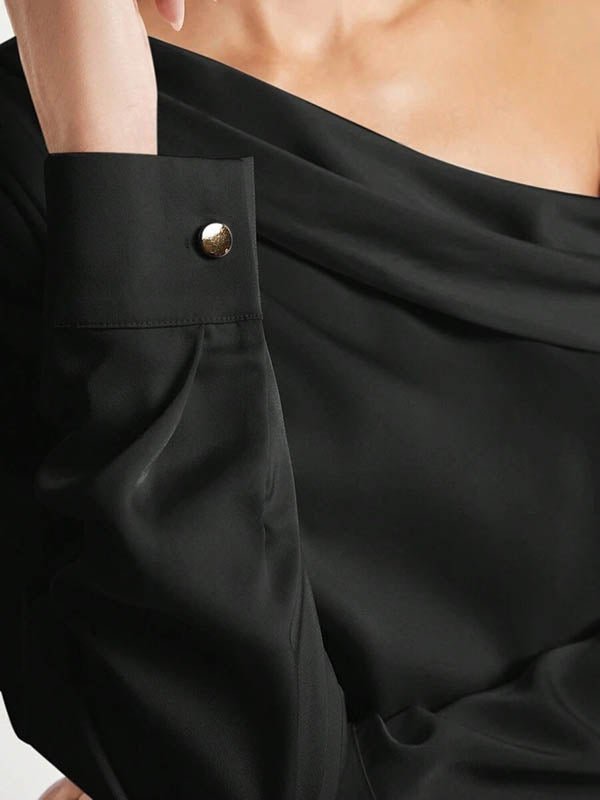 Pleated Solid Color Split-Joint Long Sleeves Skinny One-Shoulder Blouses&Shirts Tops