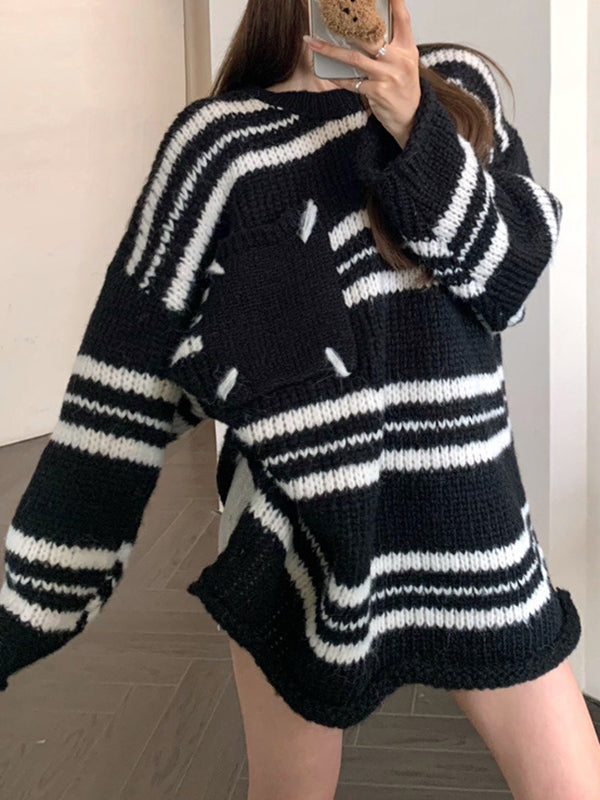 Split-Joint Striped Long Sleeves Loose Round-Neck Sweater