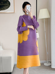 Original Long Sleeves Loose Contrast Color Pleated Beaded Stand Collar Midi Dresses