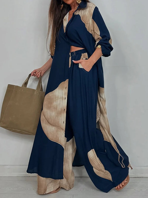 Long Sleeves Loose Floral Printed Split-Joint Split-Side Lapel Blouses&Shirts Tops