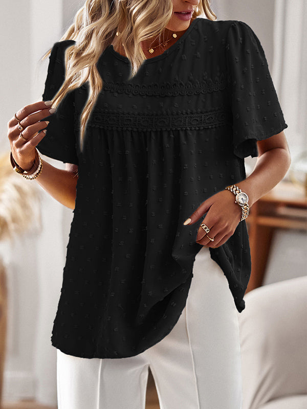 Hollow Jacquard Pleated Solid Color Split-Joint Loose Short Sleeves Round-Neck T-Shirts Tops
