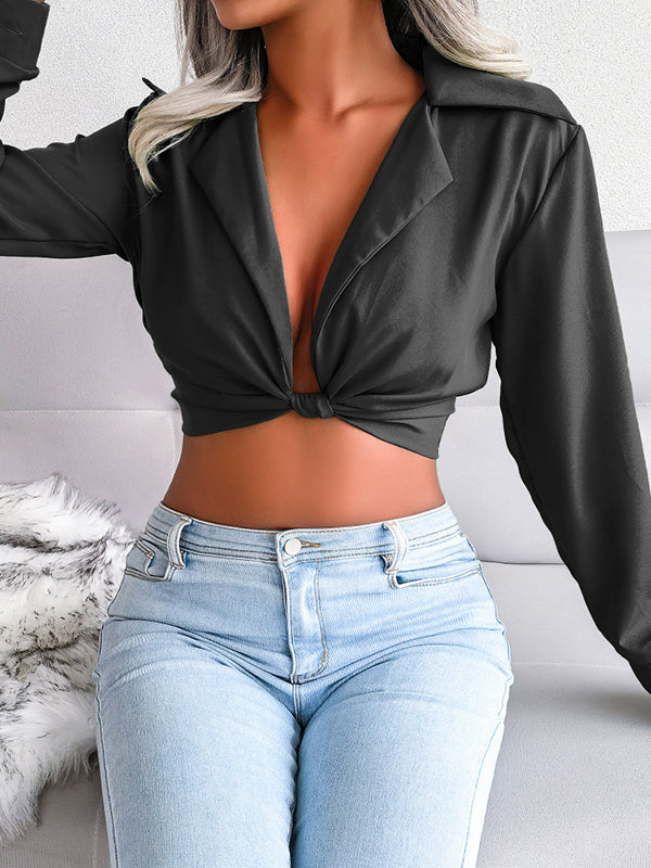 Knot Solid Color Split-Joint Long Sleeves Deep V-Neck Blouses&shirts Tops