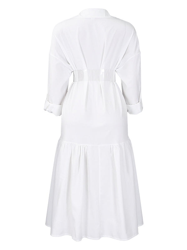Pleated Split-Joint Tied Waist High-Low Loose Lapel Shirt Dress Midi Dresses