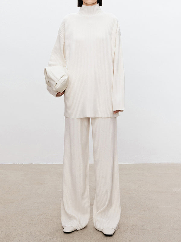 Solid Color Long Sleeves High-Neck Sweater Top + Wide Leg Pants Bottom Two Pieces Set