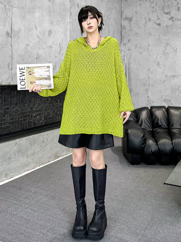 Hollow Solid Color Long Sleeves Loose Hooded Sweater Tops