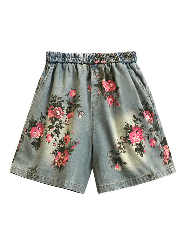 Elasticity Floral Printed Split-Joint Loose Wide Leg Shorts Bottoms