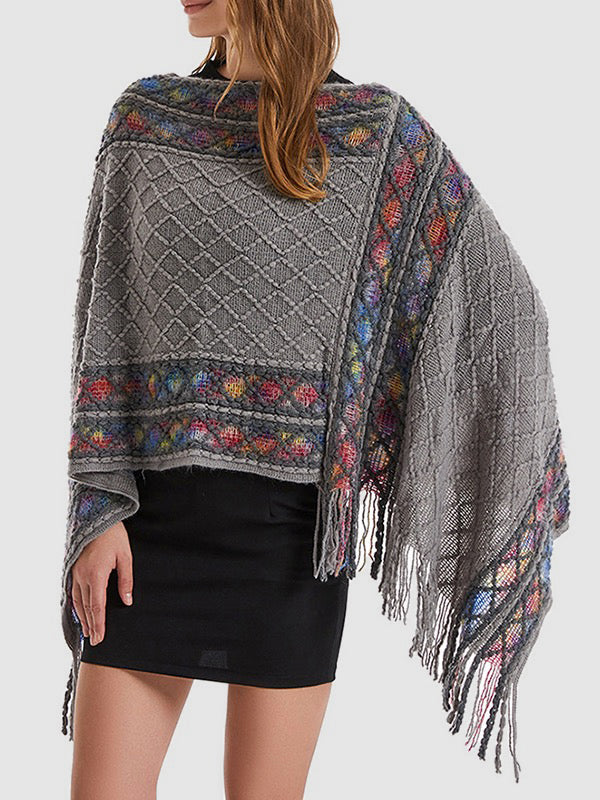 Asymmetric Tasseled Loose V-Neck Shawl&Cloak Cape