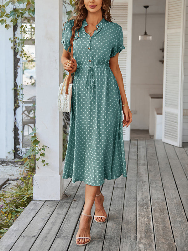 Buttoned Drawstring Polka-Dot A-Line High Waisted V-Neck Shirt Dress Midi Dresses