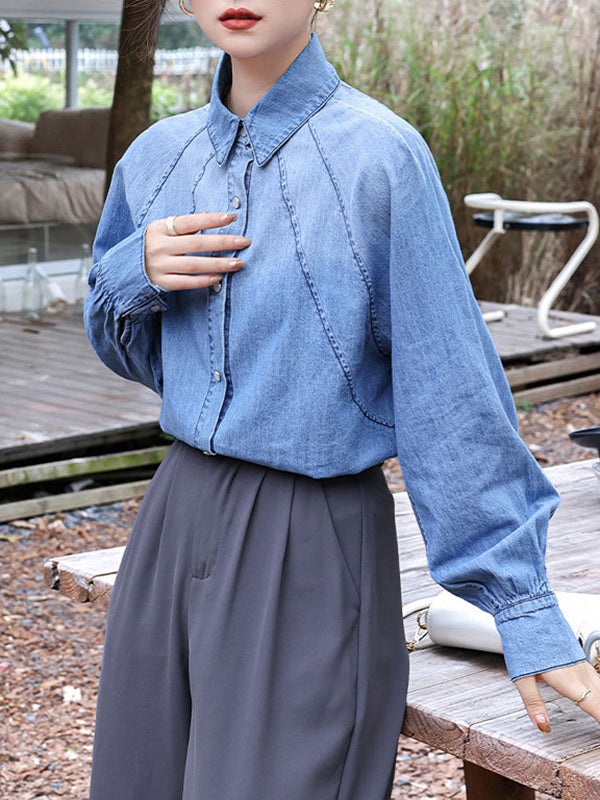 Buttoned Pleated Split-Joint Long Sleeves Loose Lapel Blouses&Shirts Tops